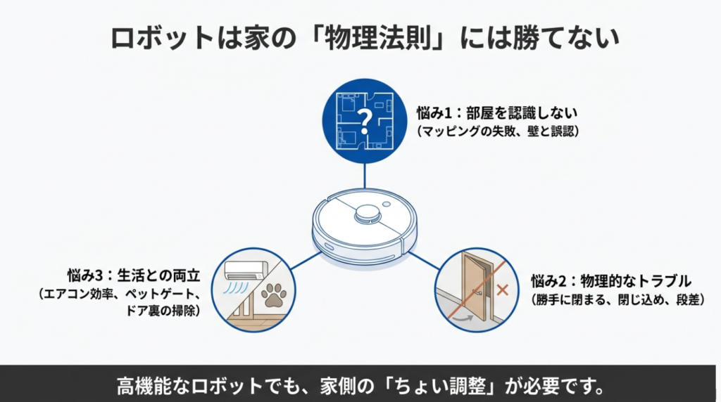 ロボット掃除機の3大悩み（部屋認識・物理トラブル・生活との両立）