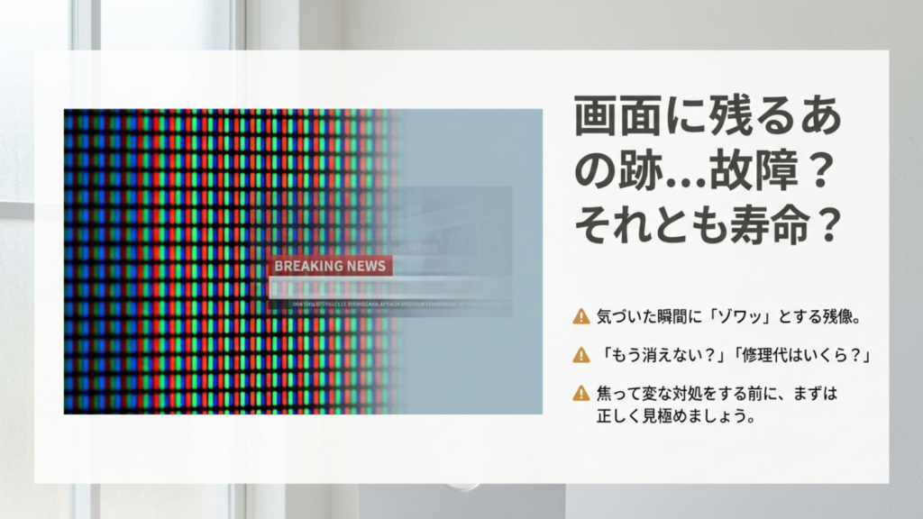 液晶テレビの画面にニュース速報の文字がうっすらと残像として残っているイメージイラスト。「故障？寿命？」という不安な心理を描写。