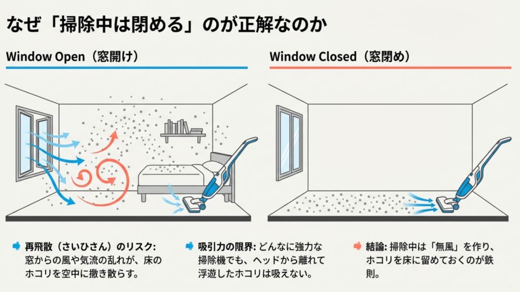 窓を開けて掃除すると気流が乱れてホコリが舞うが、窓を閉めると床のホコリを吸いやすい比較イラスト