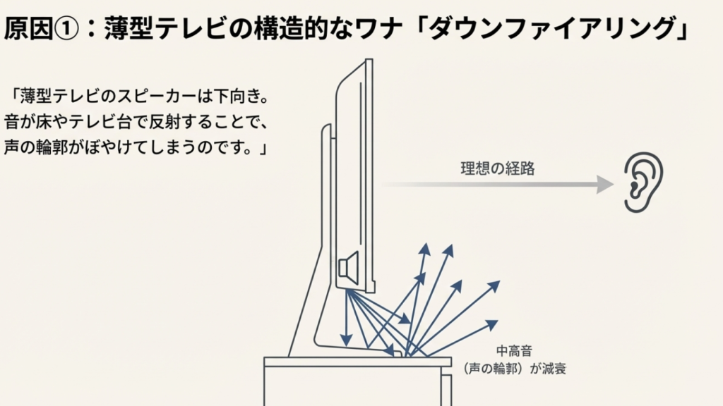 テレビの下向きスピーカーから出た音が床やテレビ台に反射し、中高音（声の輪郭）が減衰して届く様子の図解。