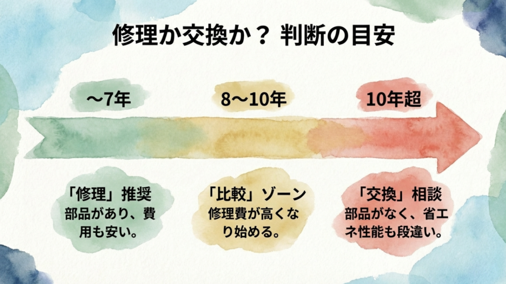 賃貸エアコンの設置年数別対応チャート。7年までは修理、8〜10年は比較、10年超は部品枯渇により交換推奨とする目安。