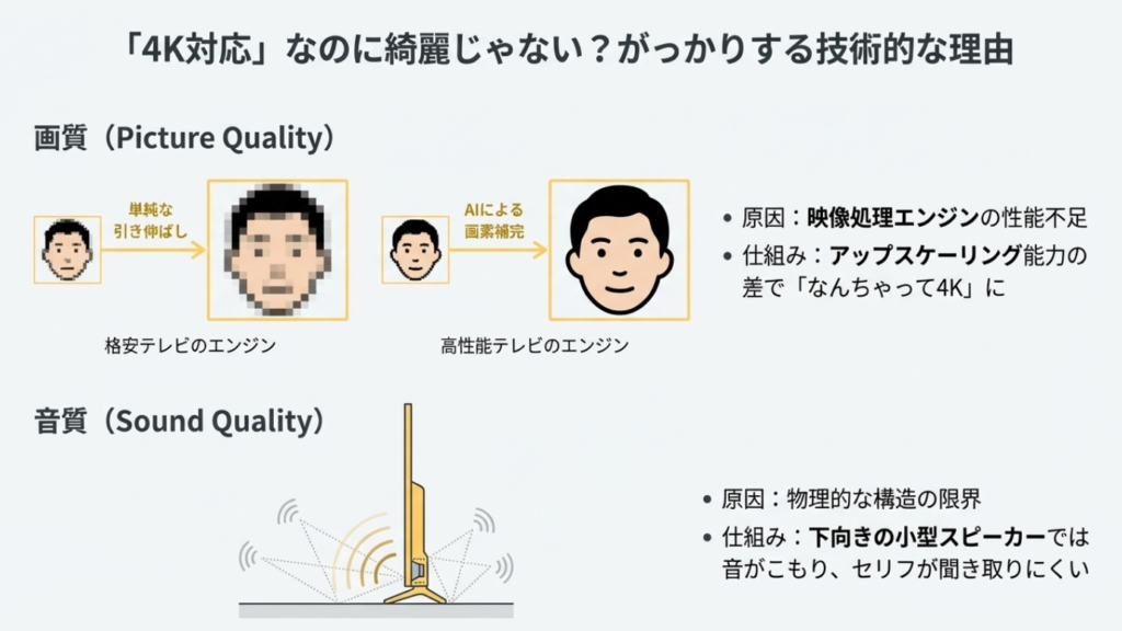 安価な映像エンジンの引き伸ばし処理による画質劣化と下向きスピーカーによる音質のこもりを図解