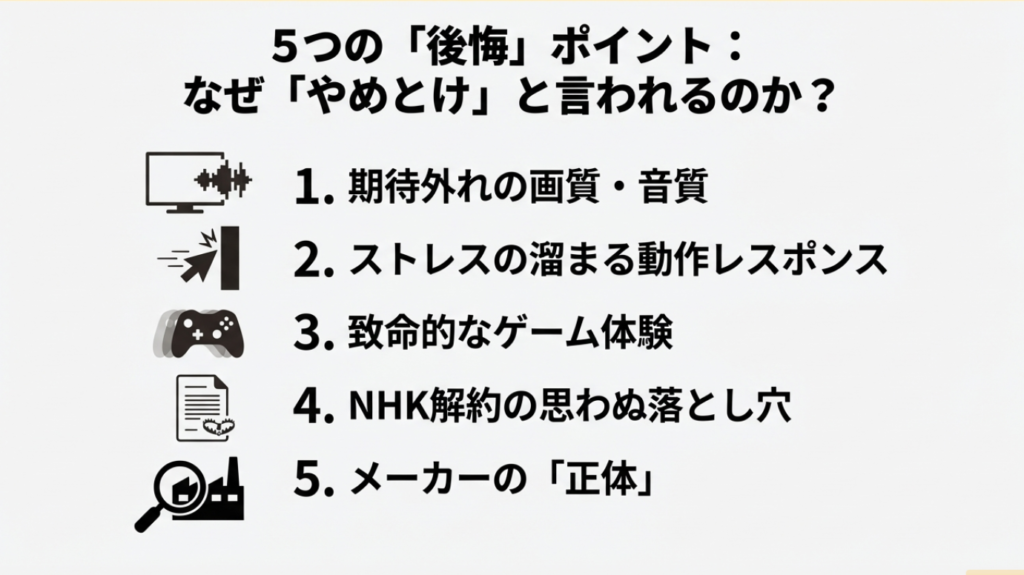 画質・音質・動作レスポンス・ゲーム遅延・NHK解約・メーカーの正体という5つのデメリット一覧
