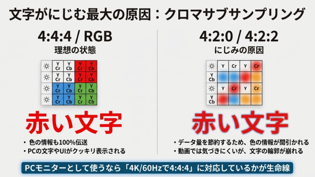 HDMI接続時のクロマサブサンプリング4:4:4（RGB）と4:2:0の違いを図解。色の情報が間引かれることで、PCの赤い文字などが滲む仕組みを解説。