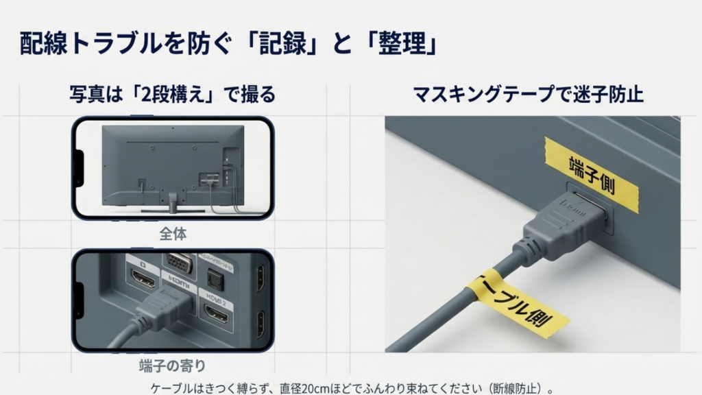 テレビ背面の全体写真と端子のアップ写真の撮り方。ケーブルと端子それぞれにマスキングテープで印をつける方法の解説図。