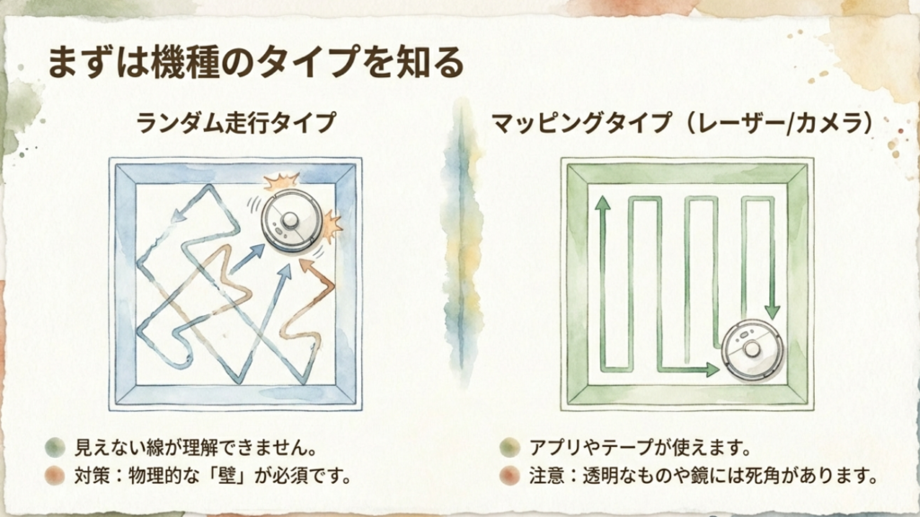 部屋の中をランダムに動き回る軌道と、規則正しく塗りつぶすように動く軌道を比較したイラスト