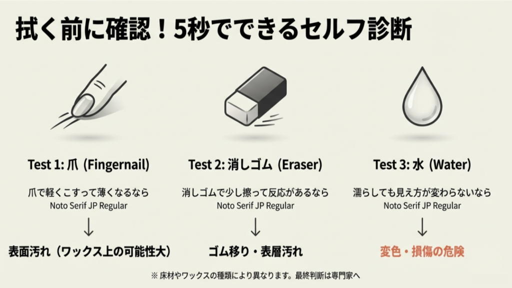 床の汚れ判別フローチャート。爪、消しゴム、水を使った自己診断方法の手順図