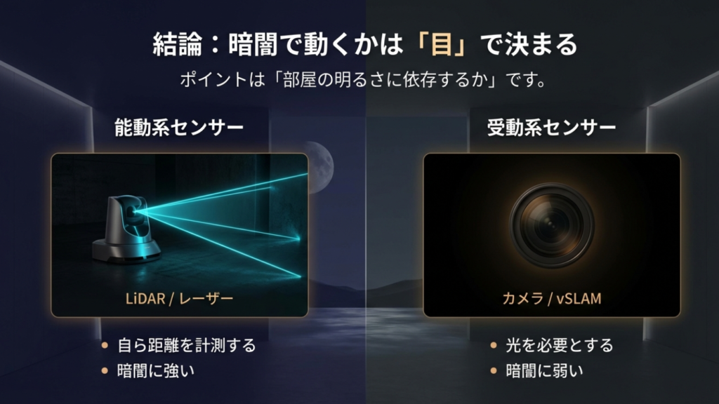 LiDAR(レーザー式)とカメラ式(vSLAM)の暗所性能比較