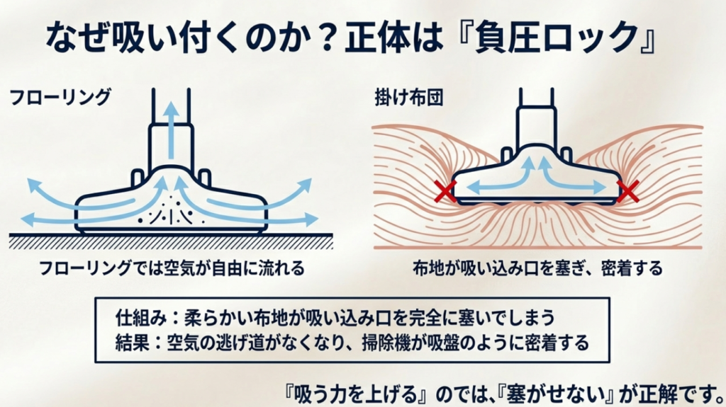 掛け布団が掃除機に吸い付く負圧ロックの仕組み図解