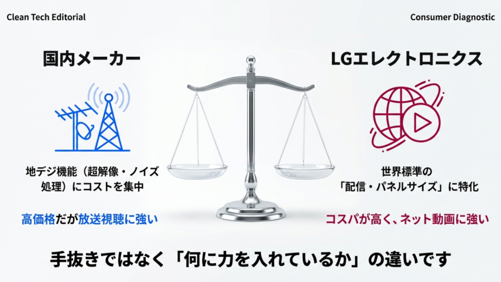 国内メーカーは地デジの超解像処理にコストを集中しているのに対し、LGは世界標準の配信サービス対応とパネルサイズに特化している比較図。安さの理由は「手抜き」ではなく「注力ポイントの違い」であることを解説。