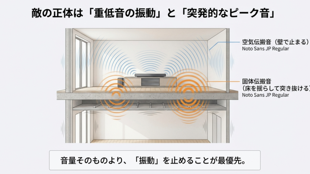空気伝搬音と固体伝搬音の違いと重低音振動のイメージ図