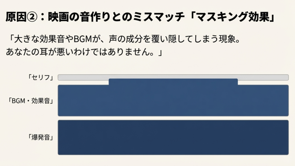 大きなBGMや効果音がセリフの成分を覆い隠してしまい、言葉が聞き取りにくくなるマスキング現象のイラスト解説。