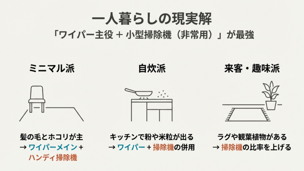 ミニマル派、自炊派、来客派の3つのライフスタイルに合わせて、ワイパーと掃除機の比率を提案している図解。