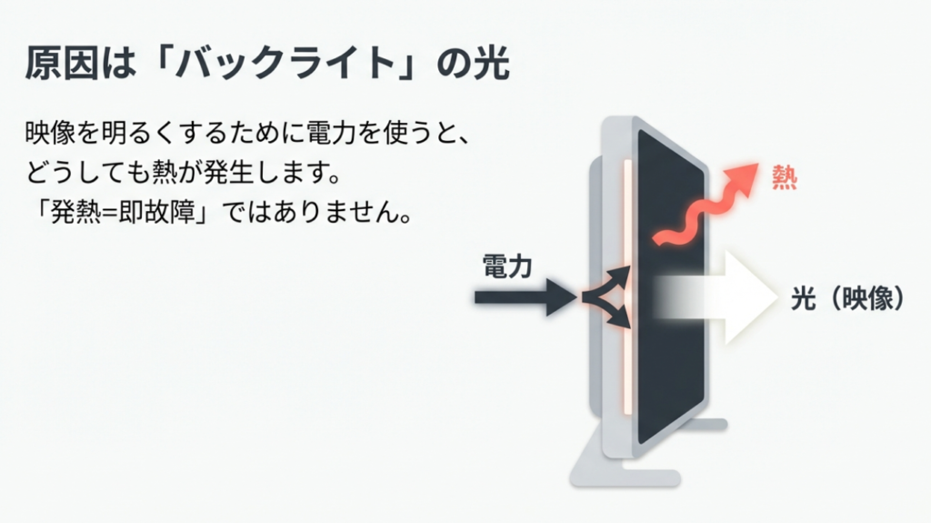 液晶テレビのバックライトが電力を使って光と熱を出す仕組みの図解