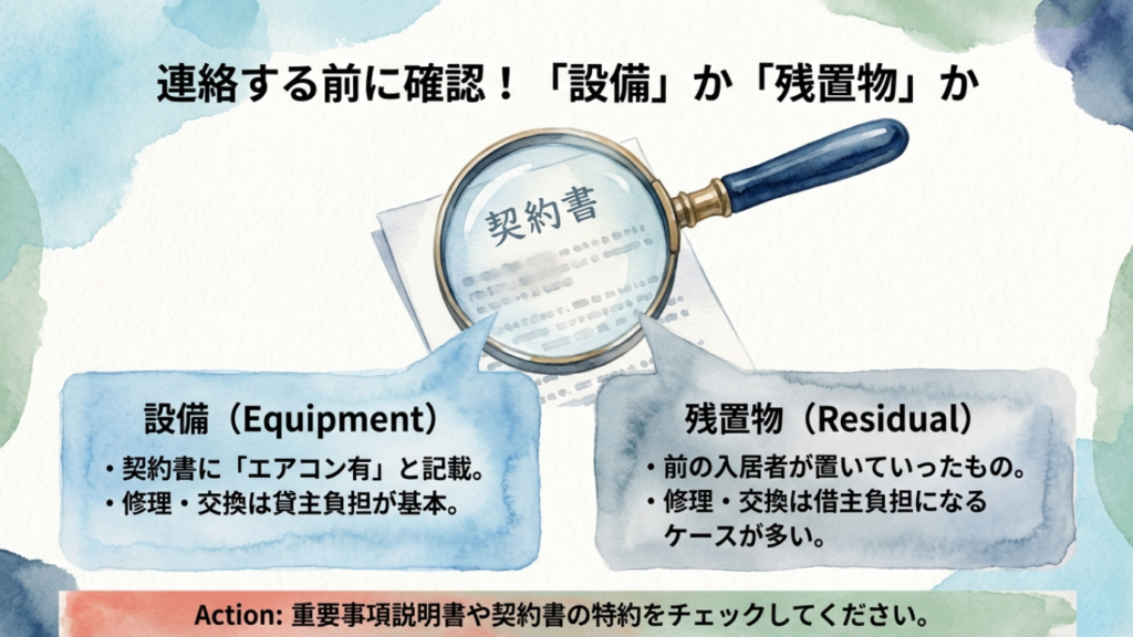 賃貸契約におけるエアコンの扱いの違い。設備なら貸主負担、残置物なら借主負担となるケースの契約書確認ポイント。