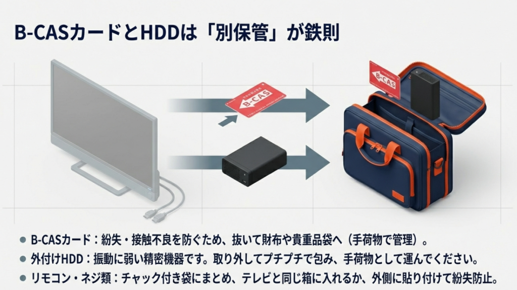 テレビからB-CASカードと外付けHDDを取り外し、手荷物バッグに入れて管理するイラスト。