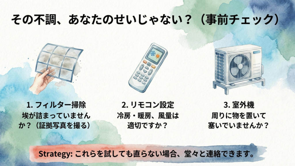 賃貸エアコンの修理依頼前にやるべき3つの確認。フィルター掃除、リモコン設定、室外機周りの整理のイラスト解説。