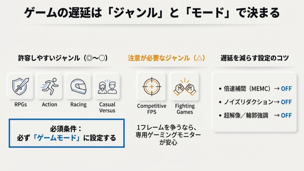 チューナーレステレビでゲームをする際の遅延の影響。RPGやアクションは許容範囲だが、FPSや格闘ゲームではゲームモード設定が必須であることを示すチャート。