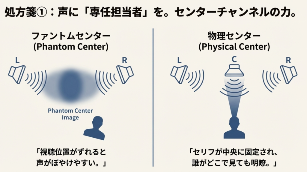 左右のスピーカーで音を作るファントムセンターと、独立したセンタースピーカーがある構成の聞こえ方の違いを比較した図。