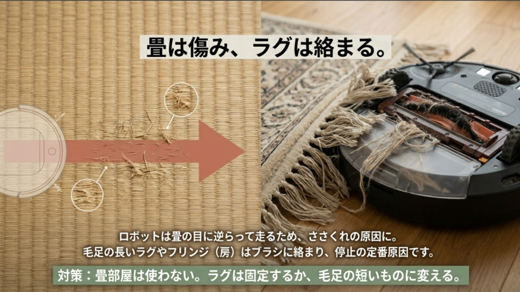 畳の目やささくれダメージ、毛足の長いラグの絡まりなど、床材によるトラブル事例