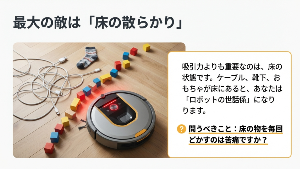 最大の敵は床の散らかり ロボット掃除機の最大の敵は床の散らかり