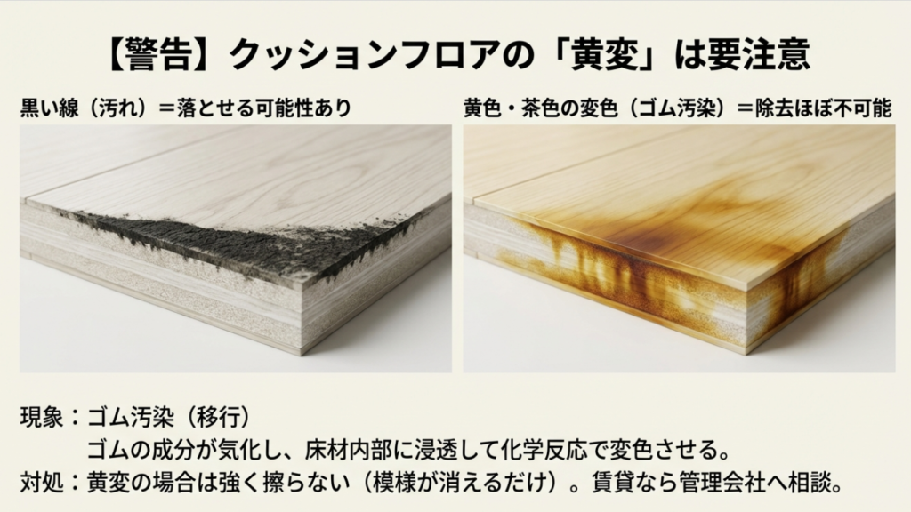 クッションフロアのゴム汚染（移行）による黄変の断面図。成分が浸透している様子