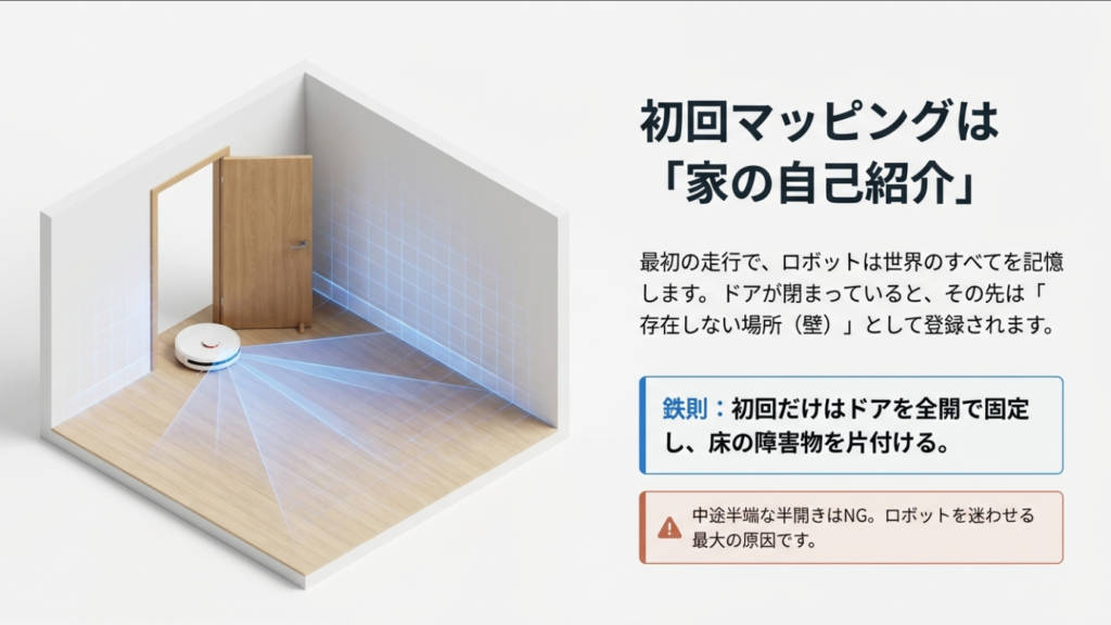 初回マッピングは家の自己紹介：ドア全開で固定すべき理由