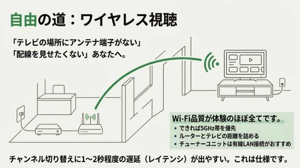 ワイヤレスチューナー使用時のWi-Fi品質、5GHz帯の推奨と遅延についての注意点