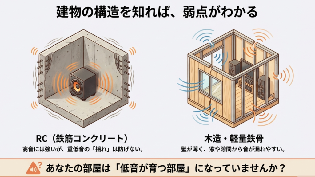 RCと木造・軽量鉄骨で音の伝わりやすさが違う比較図