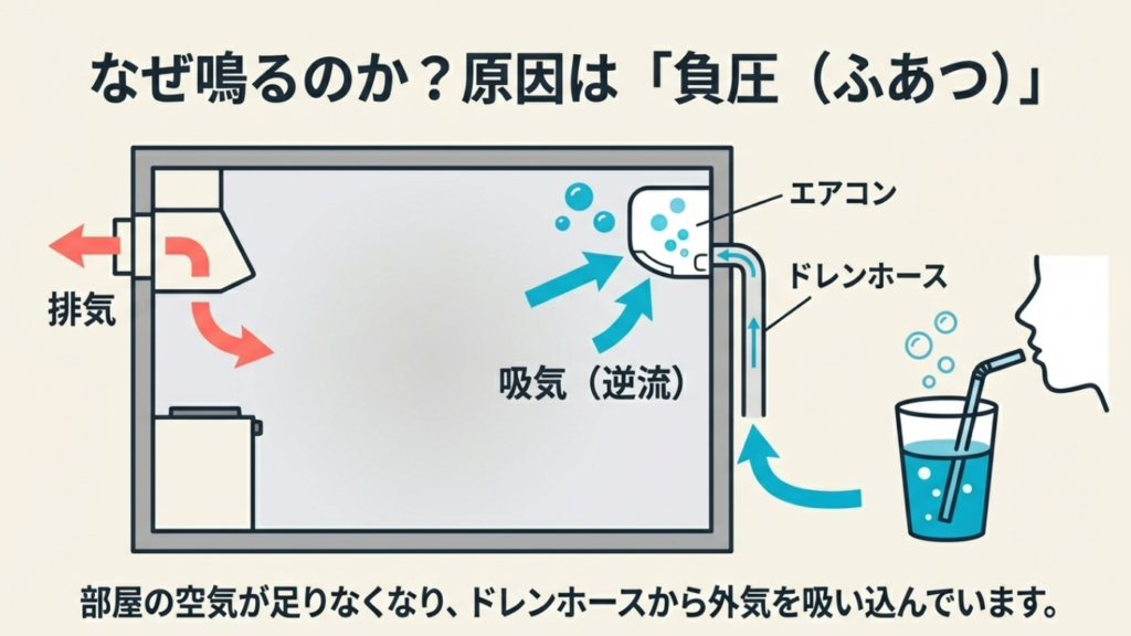 換気扇で排気することで部屋が負圧になり、エアコンのドレンホースから外気が逆流してポコポコ音が発生するメカニズム図。