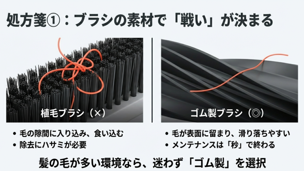 ロボット掃除機の裏面図。メインブラシの両端、サイドブラシの根元、前輪キャスターの軸の3箇所が強調されている。