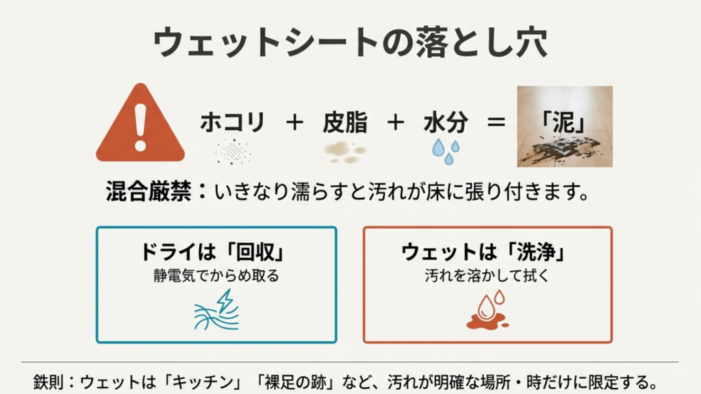 ホコリと皮脂と水分が混ざると泥になり床に張り付くことを警告するイラスト。ドライは回収、ウェットは洗浄という役割分担を解説。