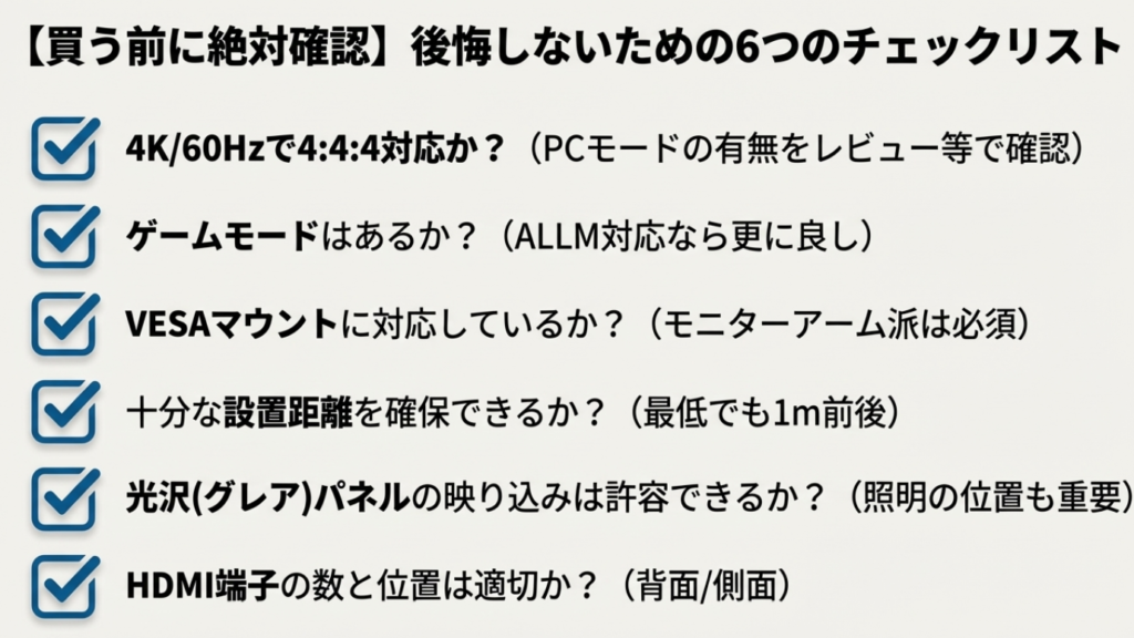 失敗しないチューナーレステレビ選びのチェックリスト。4K/60Hzでの4:4:4対応、ゲームモードの有無、VESAマウント対応などを購入前に確認するポイント。