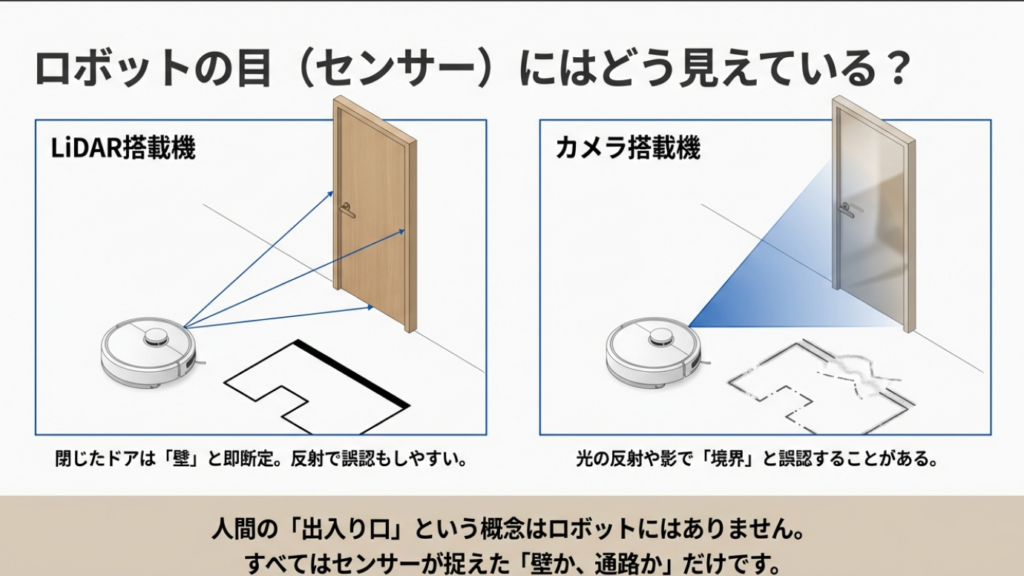 ロボット掃除機のLiDARとカメラセンサーのドア認識の違い