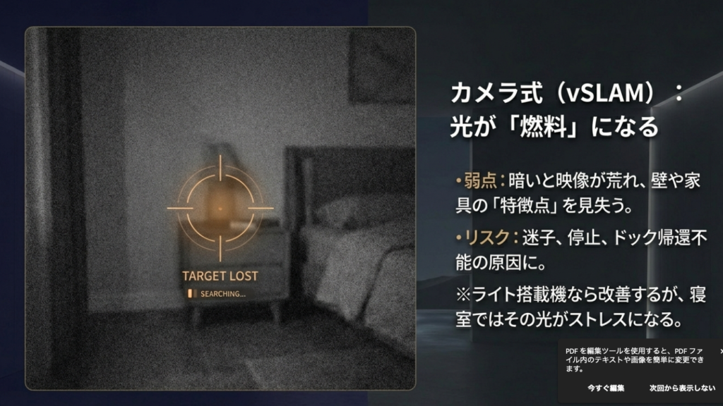 カメラ式ロボット掃除機が暗闇で迷子になるイメージ