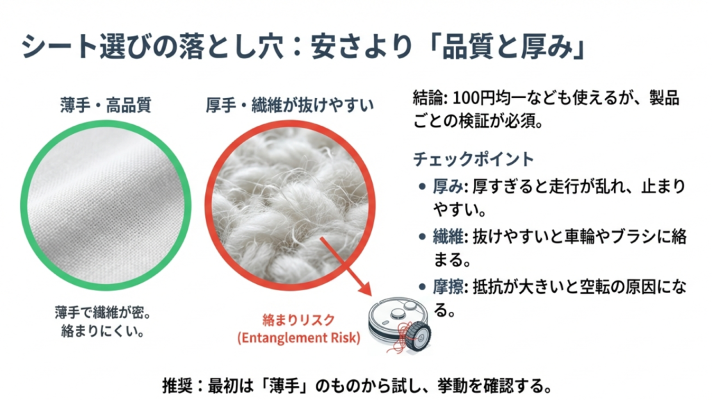 ロボット掃除機に適した市販シートの繊維拡大図。厚すぎるシートや繊維が抜けやすいものは車輪に絡まるリスクがあるため、薄手で高品質なものが推奨される。