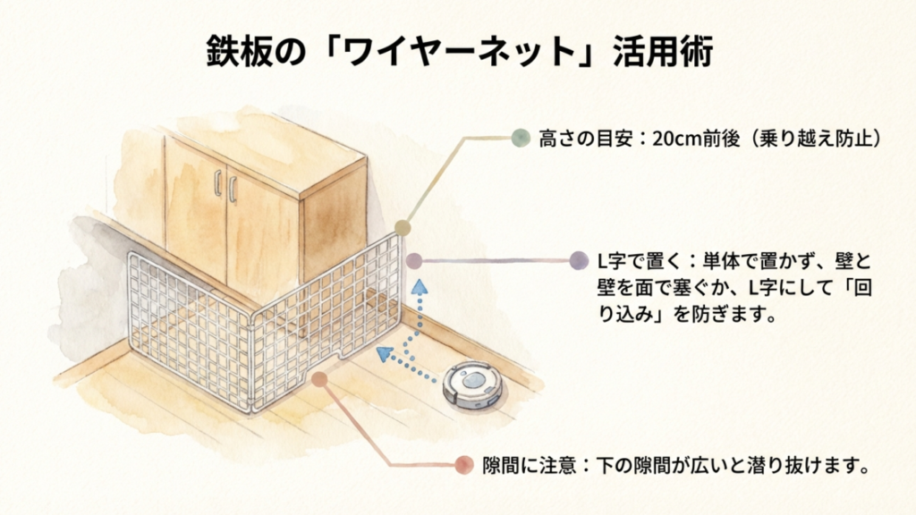 バリケードの高さを20cm前後にし、壁とL字に組むことで侵入を防ぐテクニックの解説図
