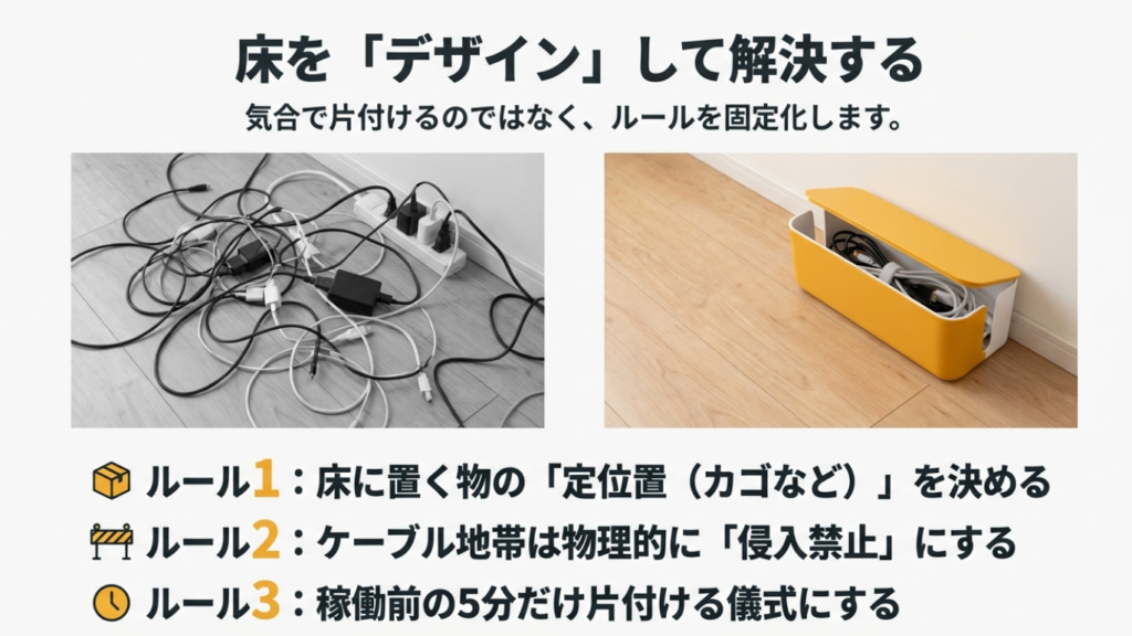 ケーブル整理で床をデザイン ケーブルボックスで床をデザインして解決
