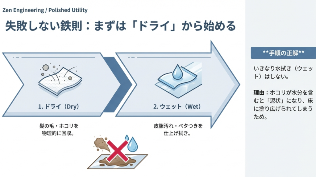 ロボット掃除機で市販シートを使う際の正しい手順。いきなり水拭きをするとホコリが泥状になるため、まずはドライシートで回収し、その後にウェットで仕上げるのが正解。