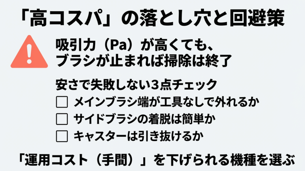 吸引力だけでなく、メインブラシ端、サイドブラシ、キャスターが工具なしで外せるかを確認するチェックリスト。