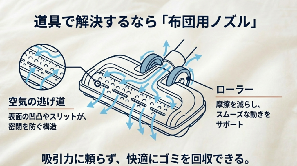 掛け布団が吸い付かない布団用ノズルの空気の逃げ道構造
