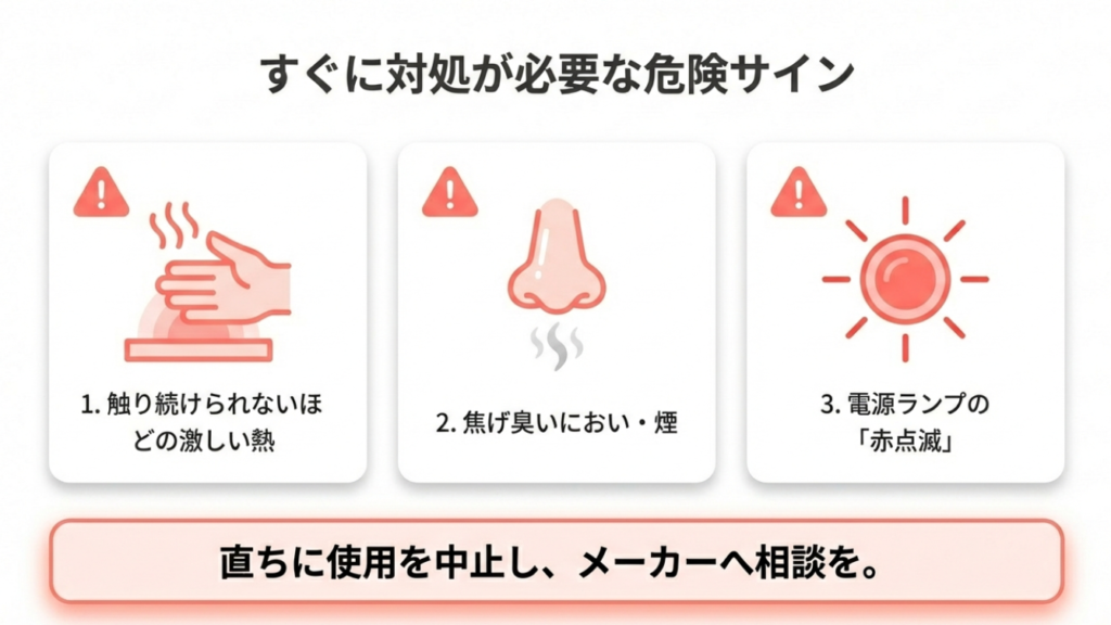 テレビの危険サインリスト:激しい熱、焦げ臭いにおい、電源ランプの赤点滅