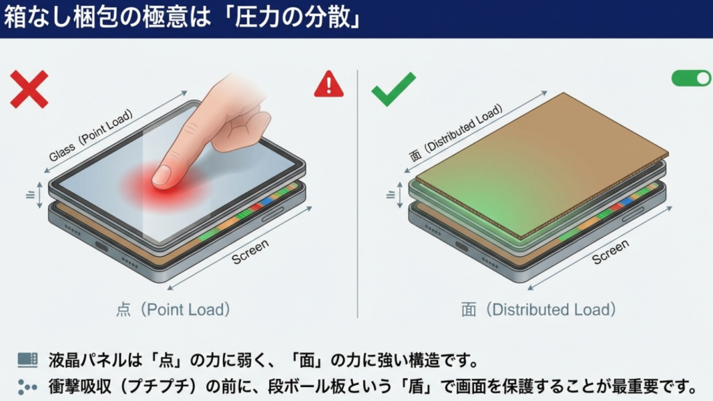 液晶パネルへの点荷重の危険性と、段ボール板を使って面荷重に分散させる「盾」の役割を示した比較図。