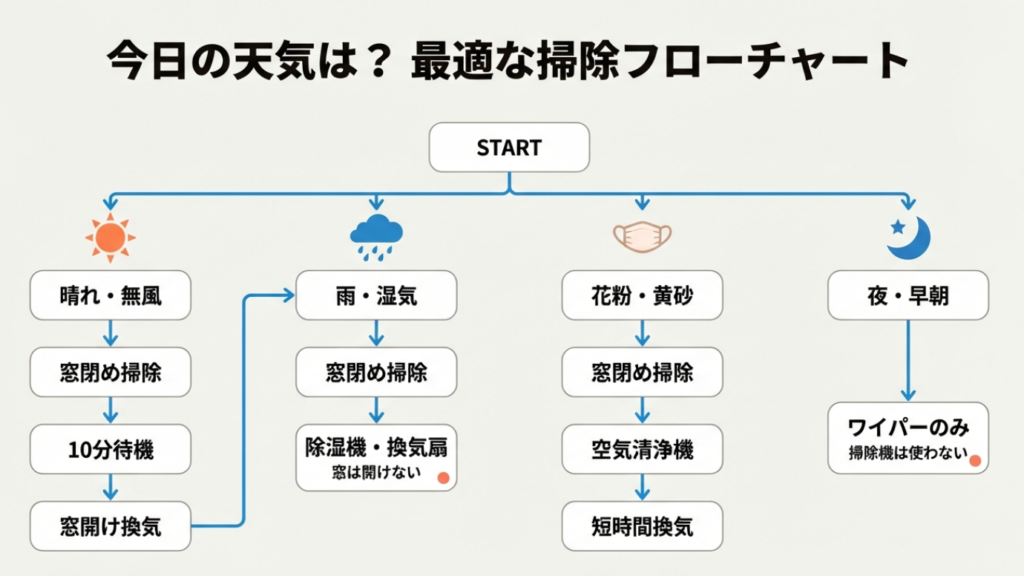 晴れ・雨・花粉・夜間など状況別に、窓を開けるべきか閉めるべきかを判断できる掃除の手順フローチャート。