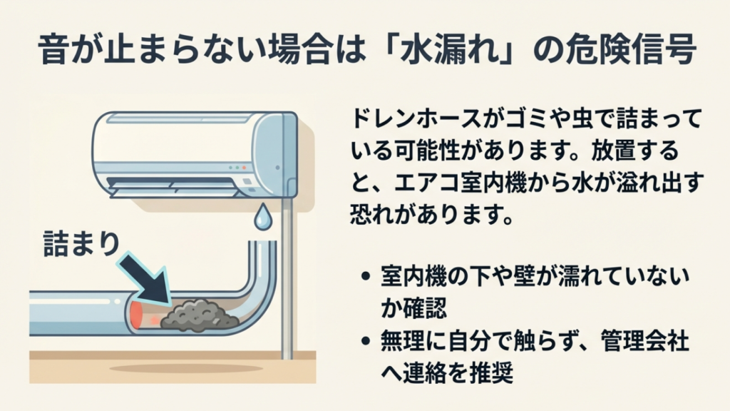 ドレンホースがゴミや虫で詰まると、室内機から水漏れが発生する危険性があることを警告するイラスト。