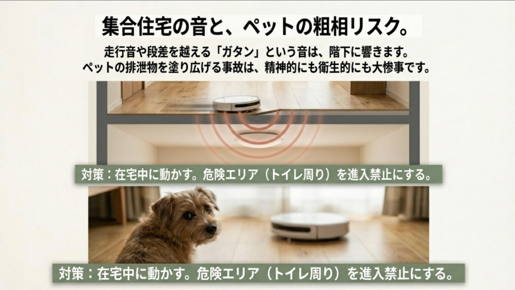 集合住宅での走行音トラブルと、ペットの粗相を塗り広げるリスクについての解説