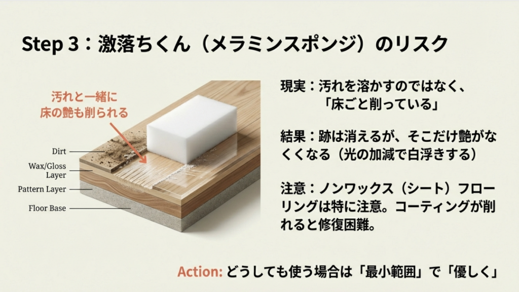 メラミンスポンジがフローリングのワックス層と艶を削ってしまう断面図