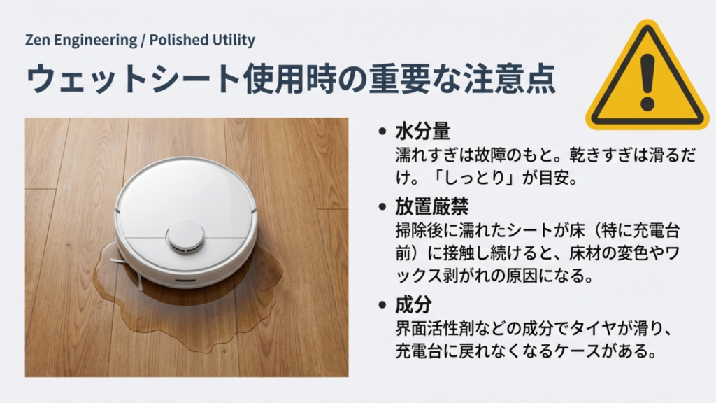 ロボット掃除機の水拭きにおける注意点。水分量が多すぎると故障の原因になり、濡れたシートを放置するとフローリングの変色やワックス剥がれのリスクがある。