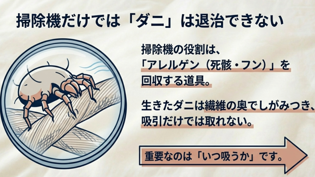 掃除機だけではダニ退治できない理由とアレルゲン回収の考え方