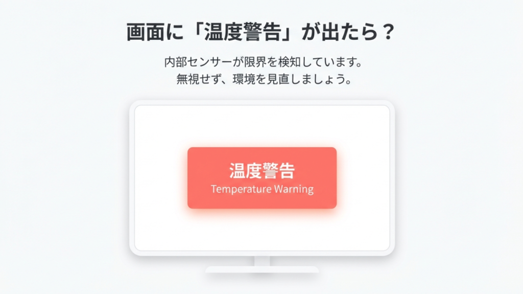 テレビ画面に温度警告が表示されているイラスト